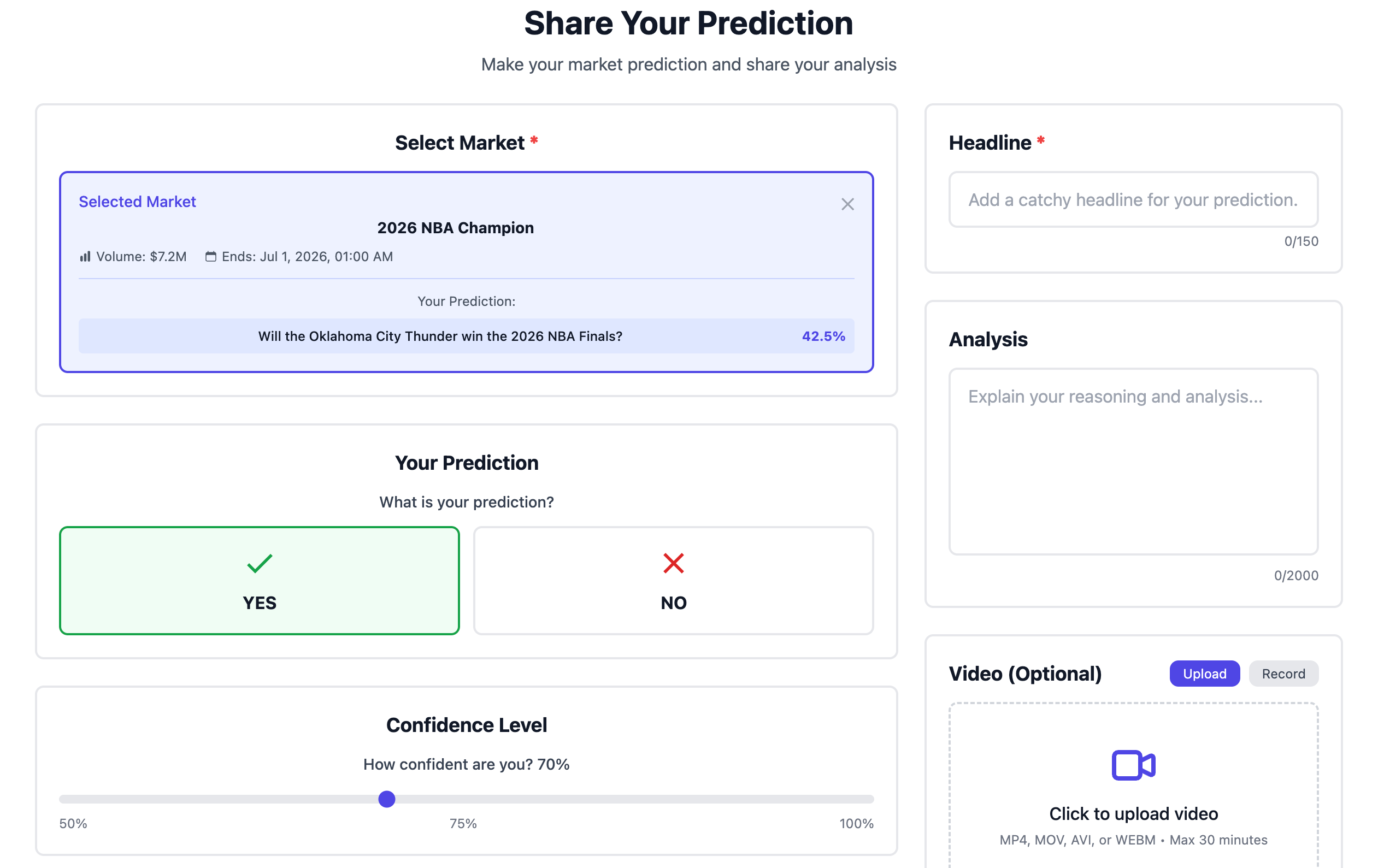 Screenshot of the 'Share Prediction' button on a market page