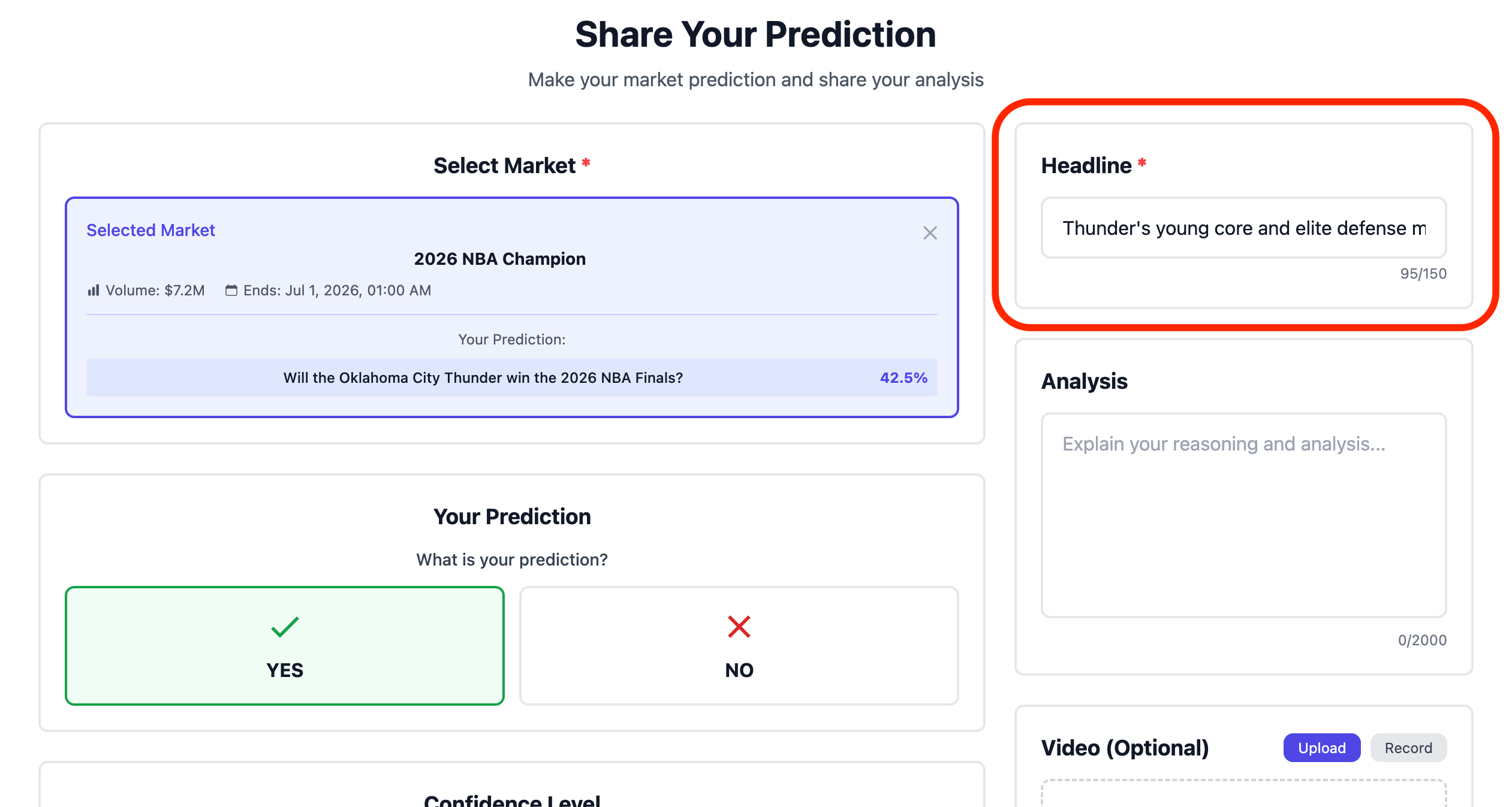 Screenshot of the YES/NO selection and confidence slider