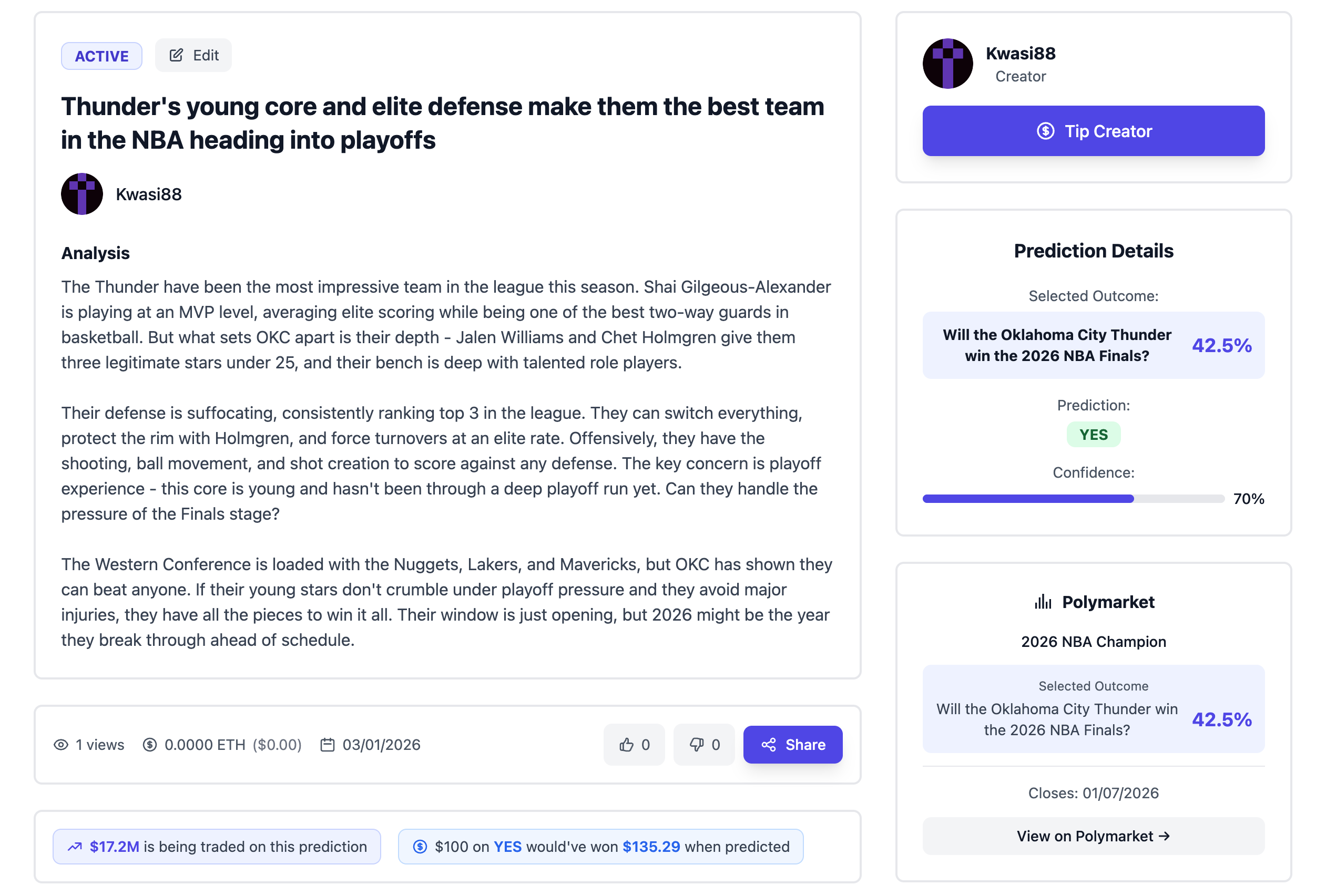 Screenshot of the final prediction page with share buttons